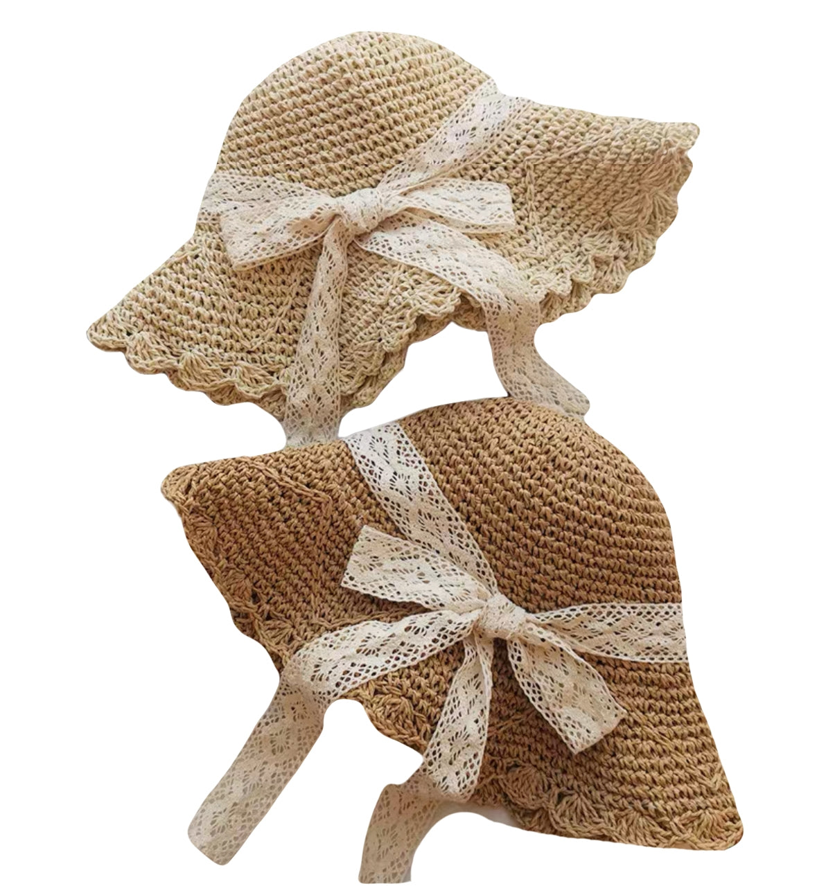 Lace Bow Straw Hat for Women Summer Wide Brim Beach Sun Hat Adjustable Cute Ribbon Floppy Cap